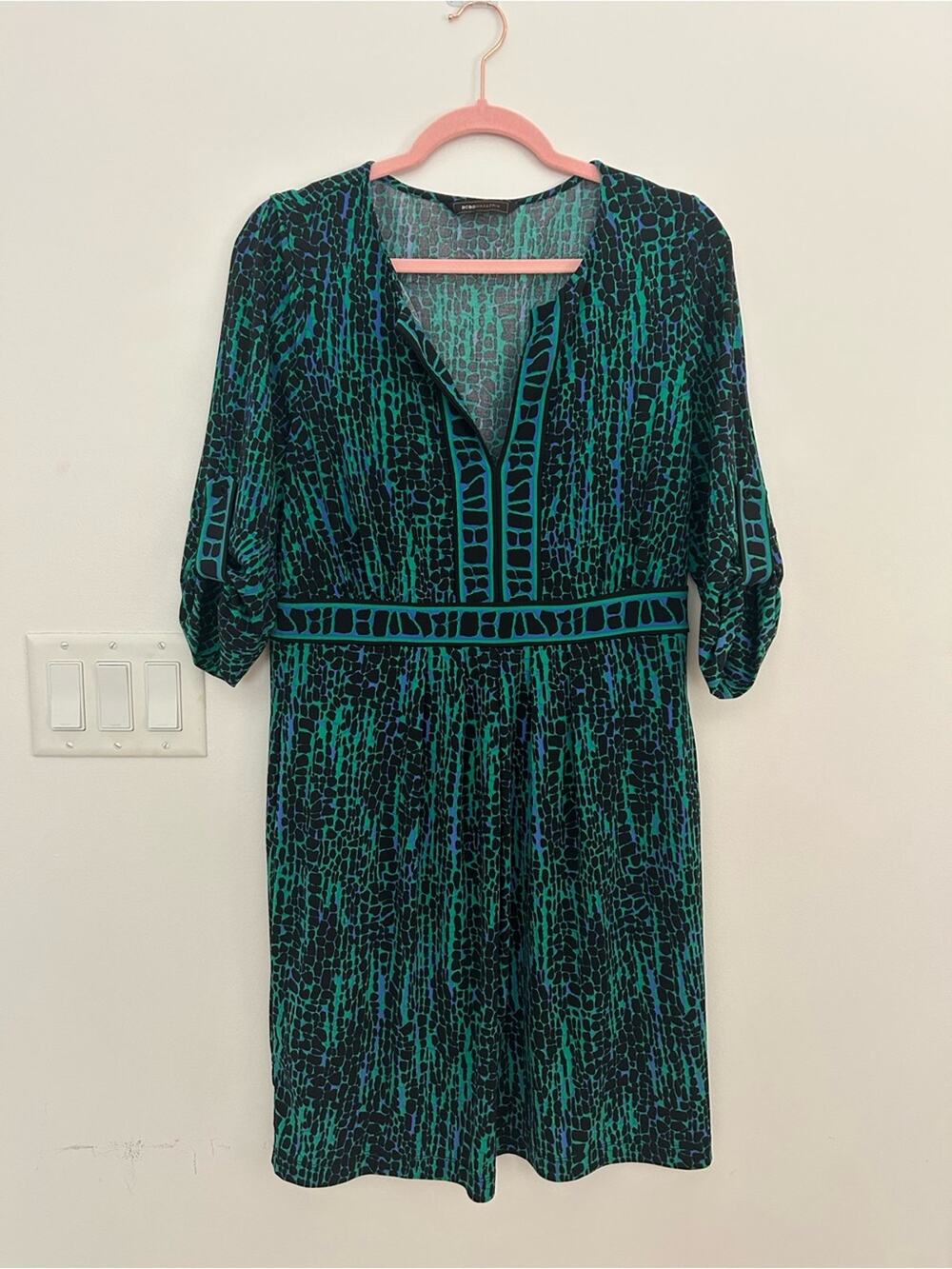 BCBGMAXAZRIA Women’s L Green Black Animal Print Y2K Glam Mob Wife Dress